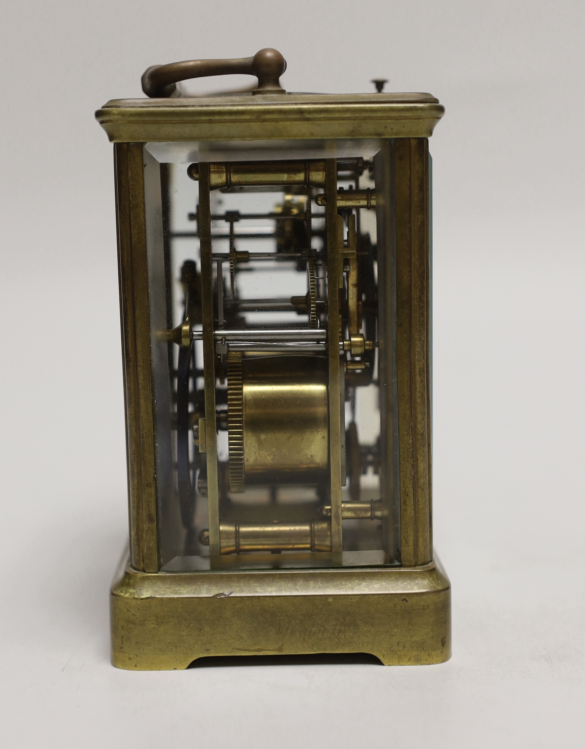 A repeating carriage clock with alarm dial, movement signed for Charles Vincenti, with retailer John Walker, 230 Regent Street London to enamel face, 13.5cm high